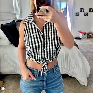 Guess Y2K Gingham Plaid Tie Cropped Collared Tank